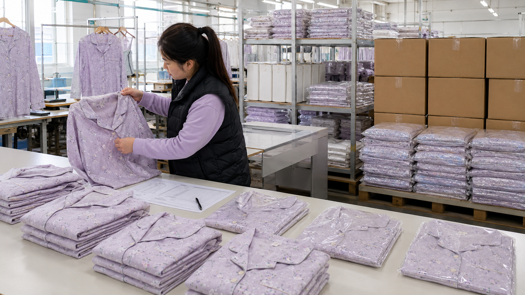 Final QC inspection of packed private label pajama bulk order