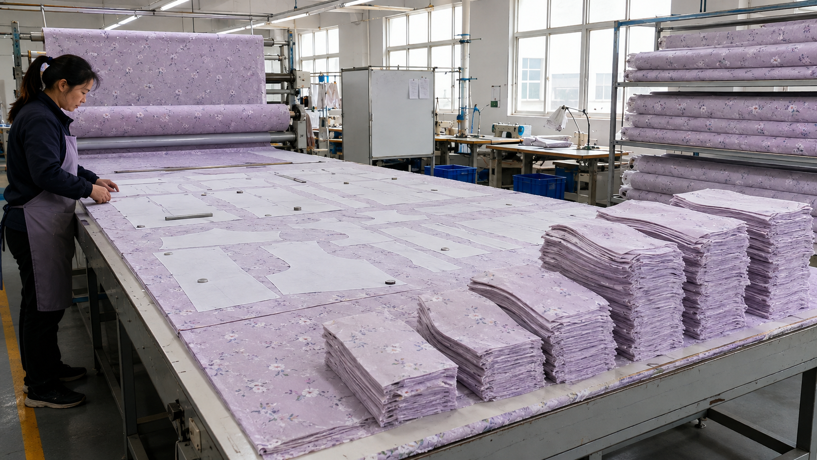 Bulk pajama fabric cutting preparation on a clean cutting table