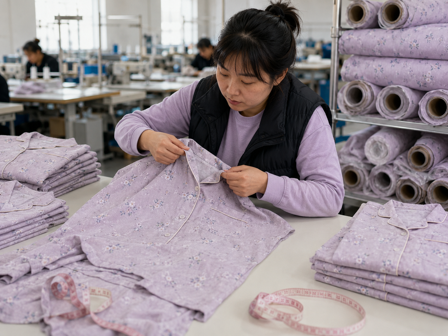 Inline pajama quality inspection during sewing in the workshop