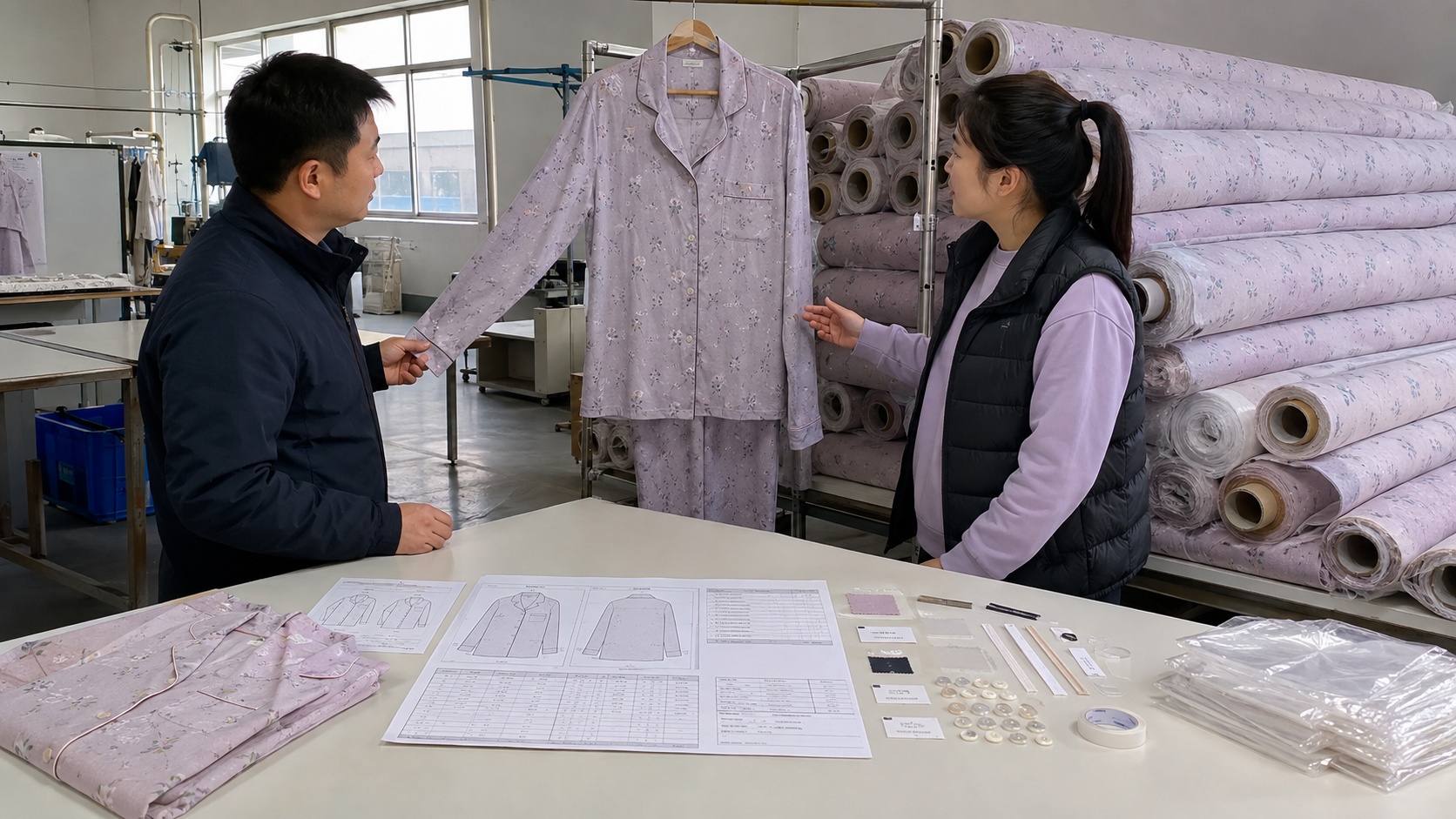 Approved pajama sample transitioning into organized bulk production