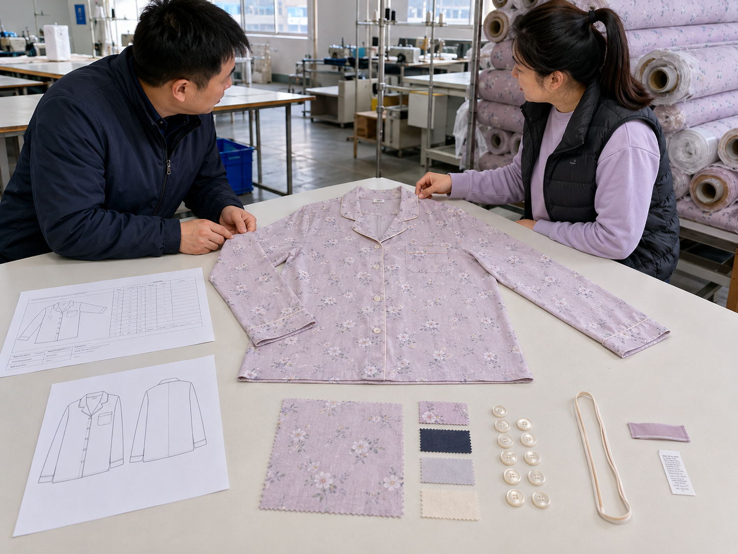 Pajama pre-production review with approved sample, measurement sheet, and fabric swatches