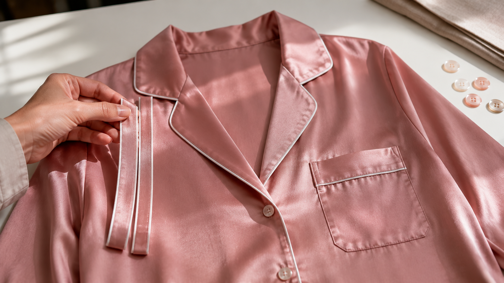 Satin pajama piping and button detail development on a worktable