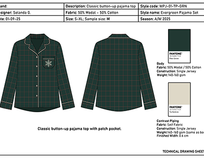 Technical drawing sheet for a classic button-up pajama top showing front and back flats with collar, chest pocket, cuff and button callouts plus Pantone fabric and contrast piping references
