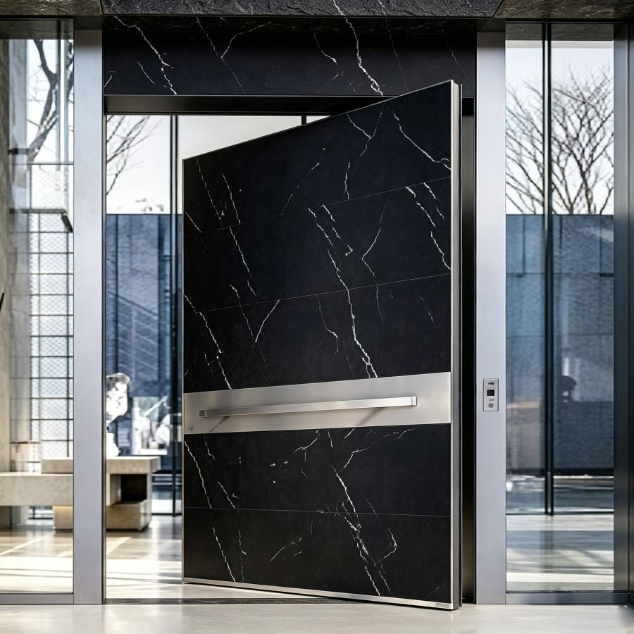 Polar black aluminum pivot entrance door with hidden hardware