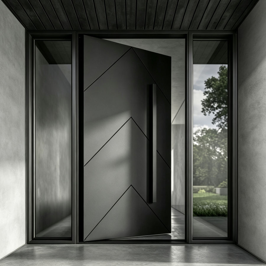 Dark aluminium entrance with two full-height fixed glass sidelights flanking the door leaf