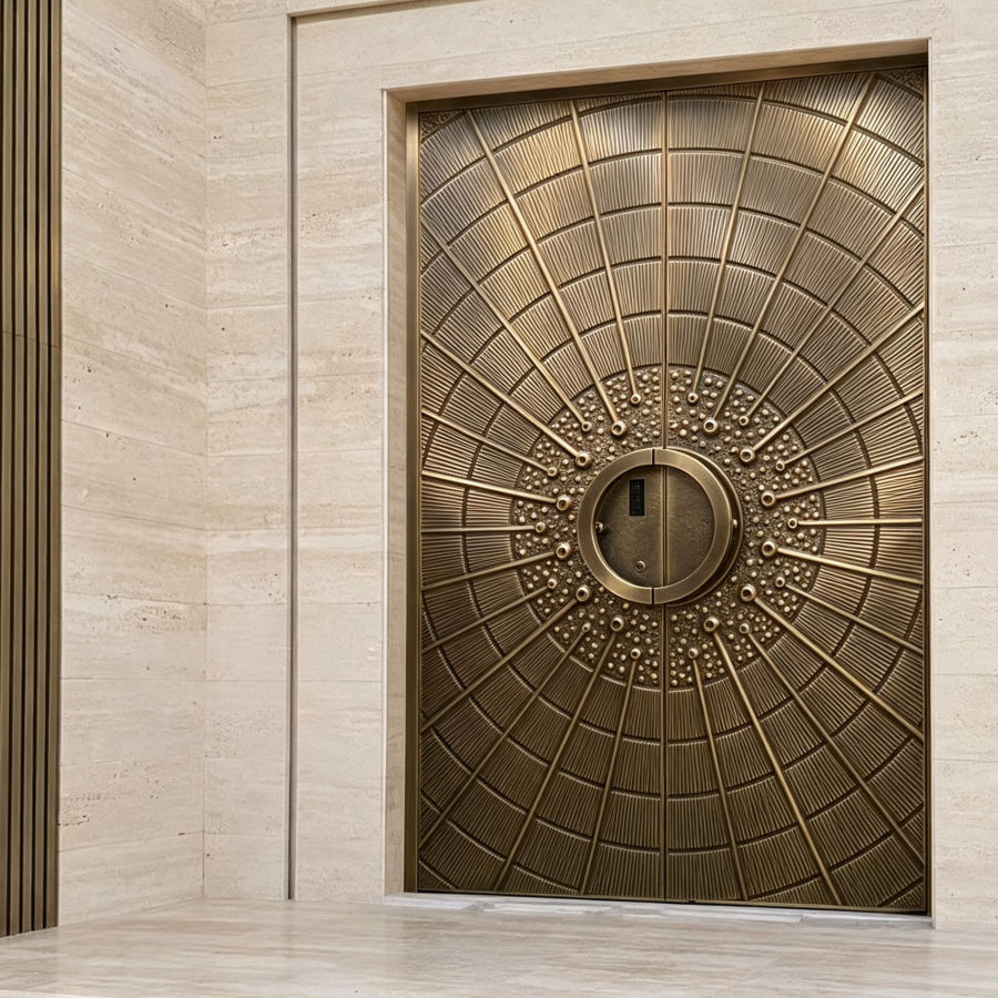 Oversized gold aluminium double door with a heavy plate leaf in a stone entrance