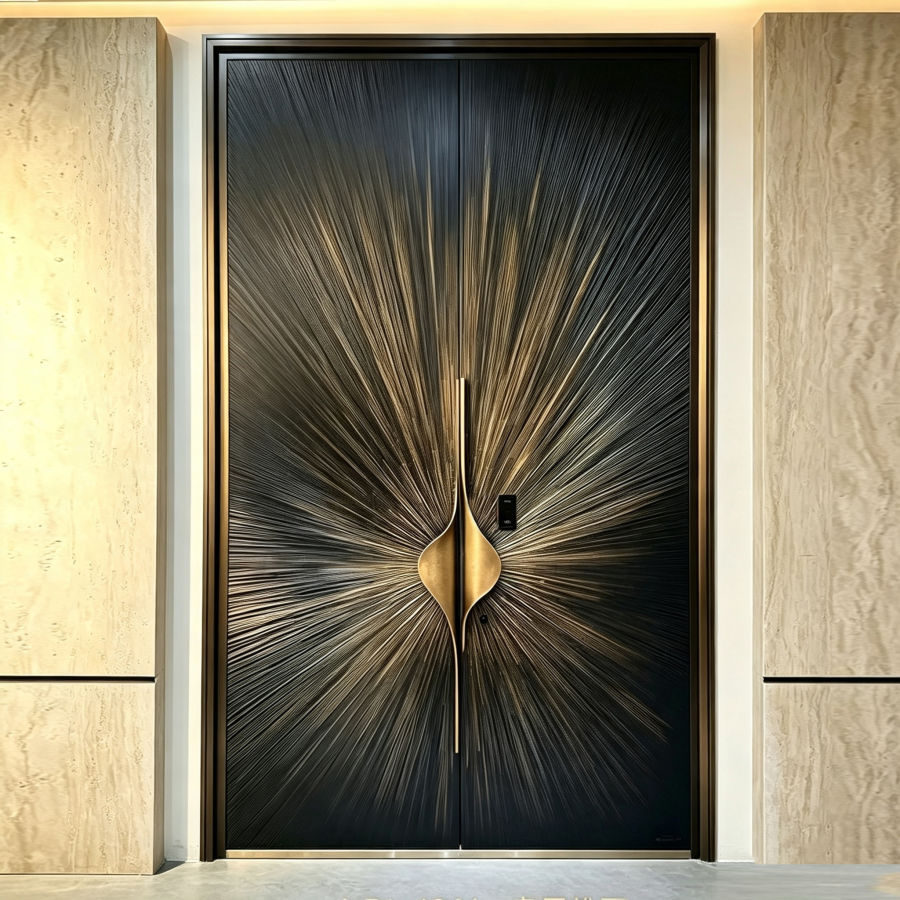 Solid heavy plate aluminum double entrance door installed in a modern residential interior