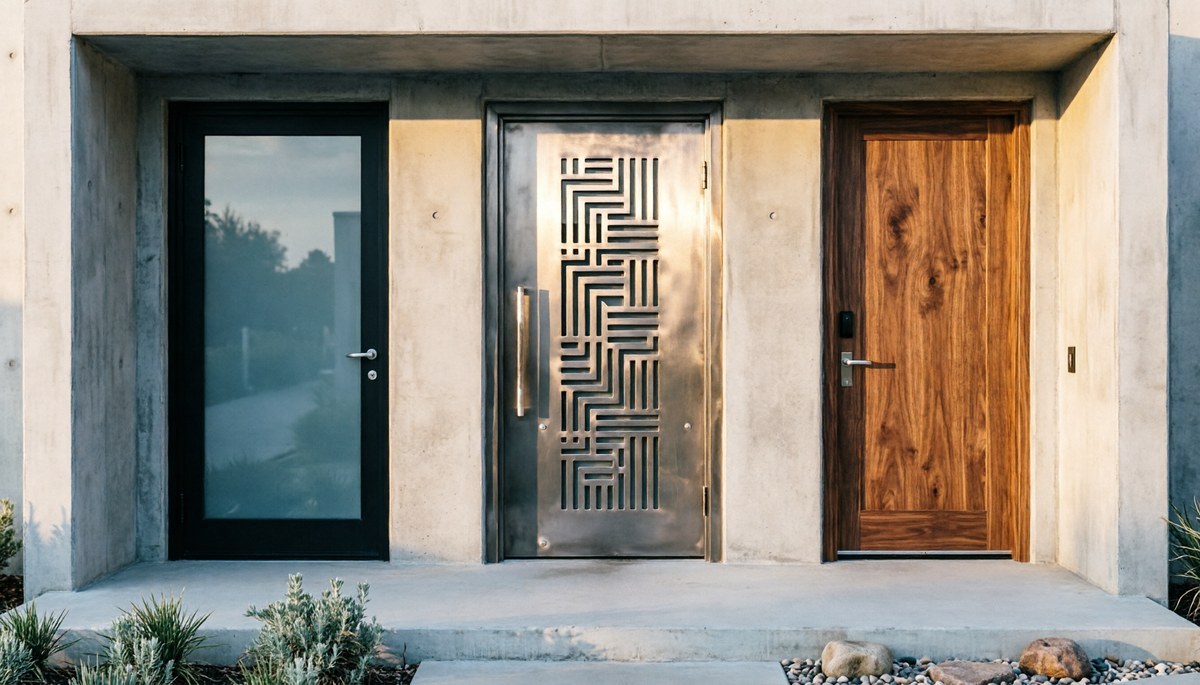 Steel security entry door with modern geometric pattern