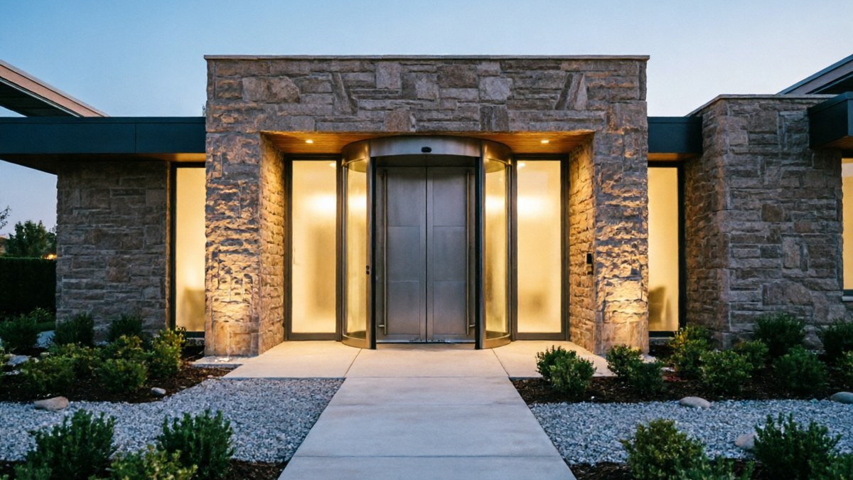 Modern luxury home with aluminum pivot entry door at dusk