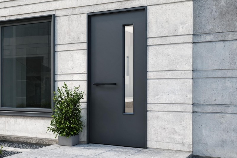 Modern architectural entrance with aluminum door