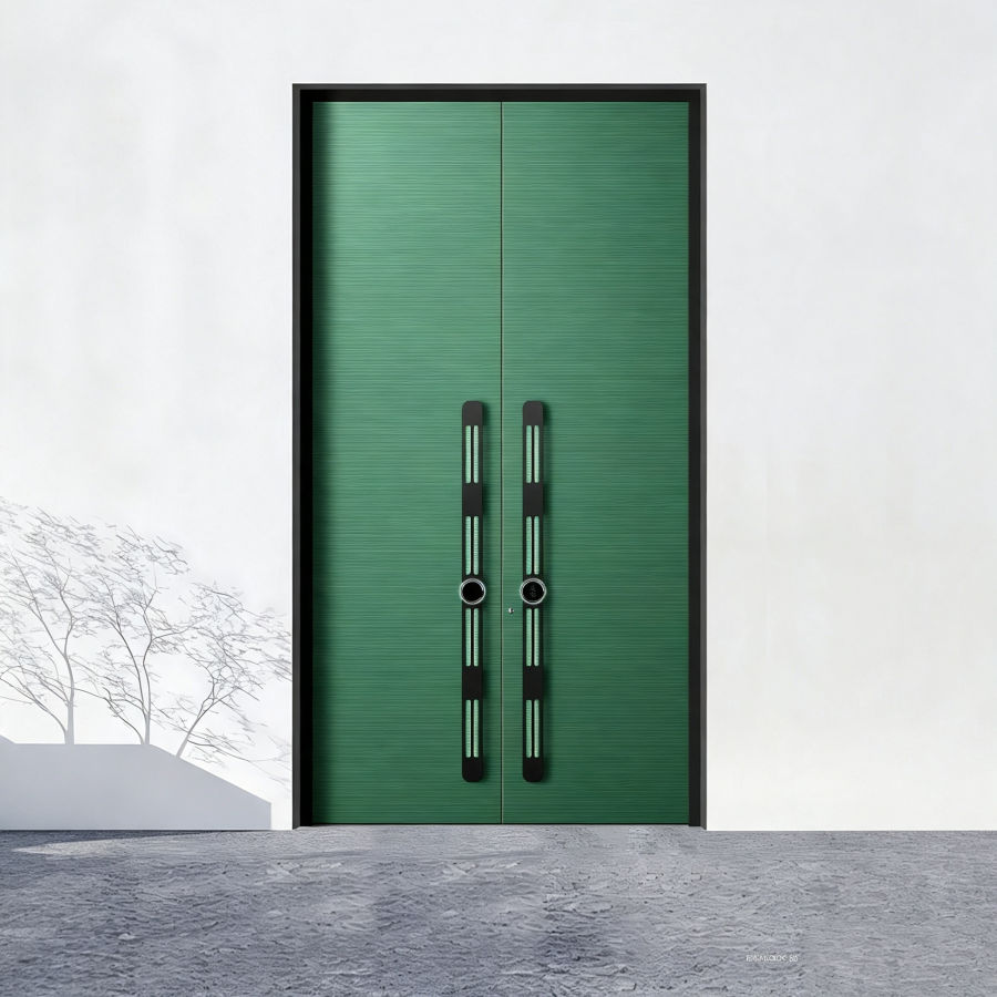Custom colour aluminium double entrance door with a deep coloured leaf and a slim black frame