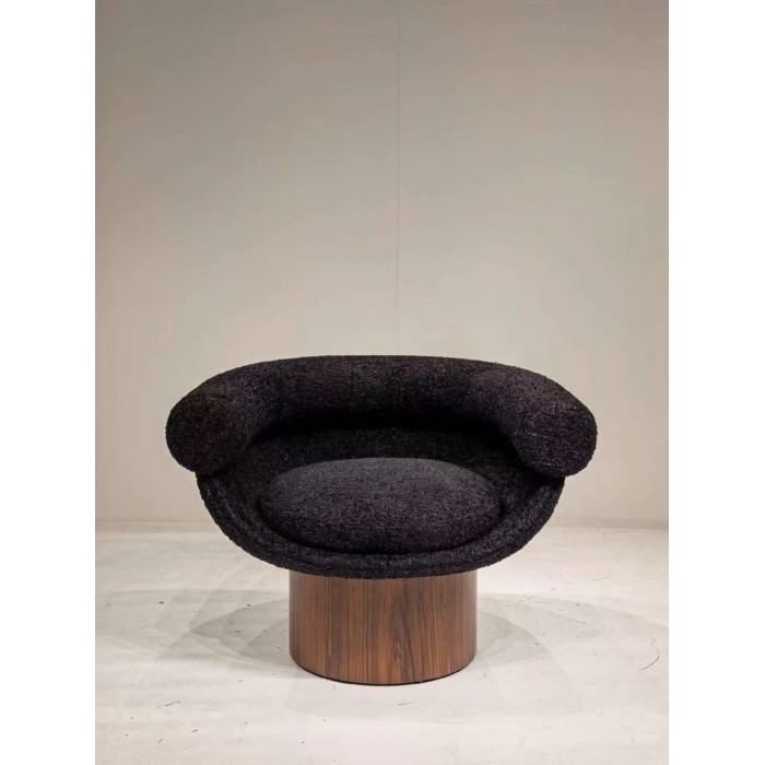 Custom Black Bouclé Lounge Chair with Walnut Pedestal Base | OEM/ODM Manufacturer