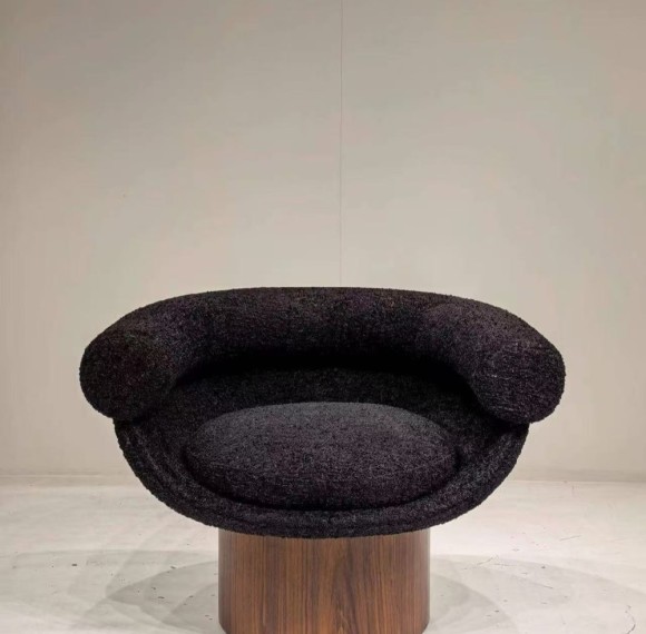 Custom Black Bouclé Lounge Chair with Walnut Pedestal Base | OEM/ODM Manufacturer
