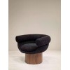 Custom Black Bouclé Lounge Chair with Walnut Pedestal Base | OEM/ODM Manufacturer