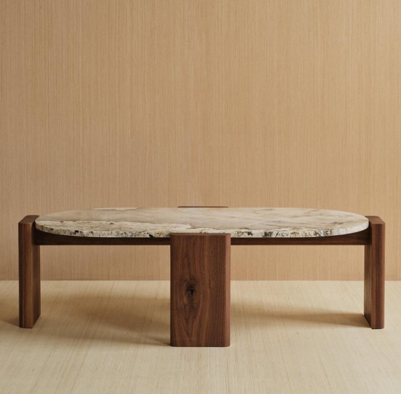 Custom Hotel Oval Marble Coffee Table with Walnut Veneer Base | Hospitality Furniture Manufacturer