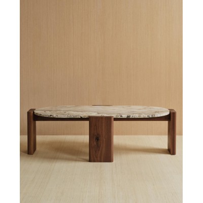 Custom Hotel Oval Marble Coffee Table with Walnut Veneer Base | Hospitality Furniture Manufacturer