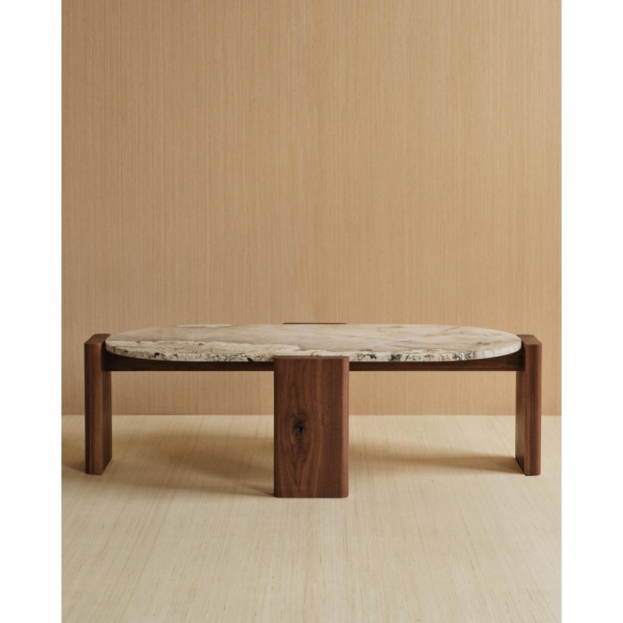 Custom Hotel Oval Marble Coffee Table with Walnut Veneer Base | Hospitality Furniture Manufacturer