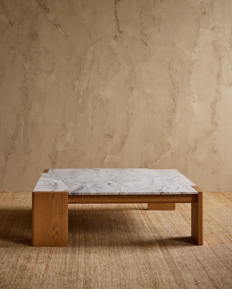Custom square marble coffee table with wide wood panel base