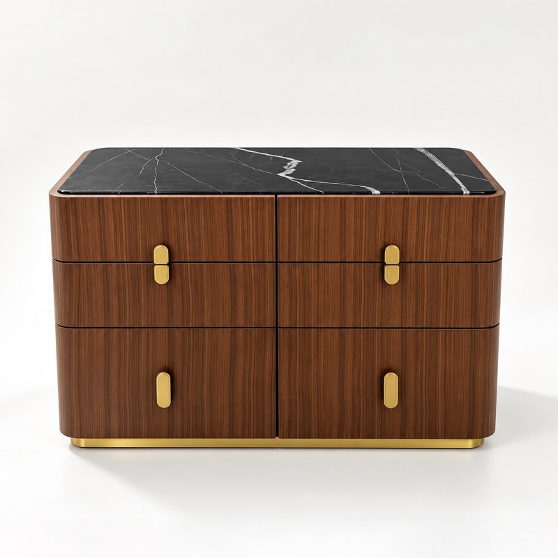 Walnut-finish drawer cabinet with black marble-look top and gold-tone hardware