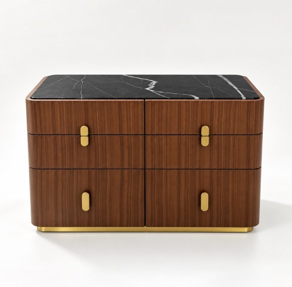 Custom Hotel Walnut Hotel Drawer Cabinet | Custom Hospitality Cabinet Marble Look Top | Hospitality Manufacturer