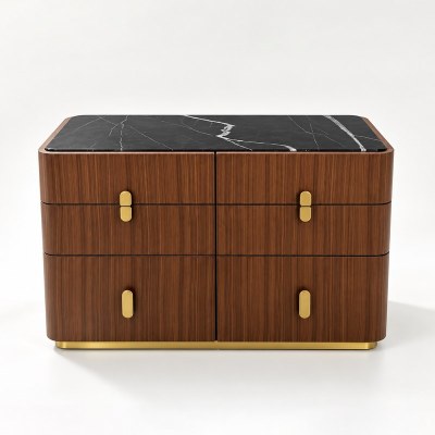 Custom Hotel Walnut Hotel Drawer Cabinet | Custom Hospitality Cabinet Marble Look Top | Hospitality Manufacturer