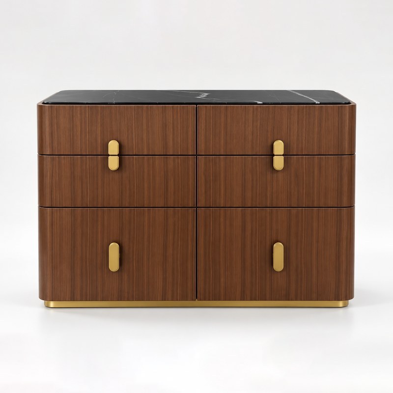 Front view of custom hotel drawer cabinet with walnut-tone woodgrain and gold-tone pulls