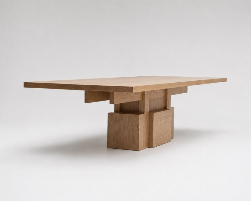 Natural wood dining table with a sculptural geometric block base