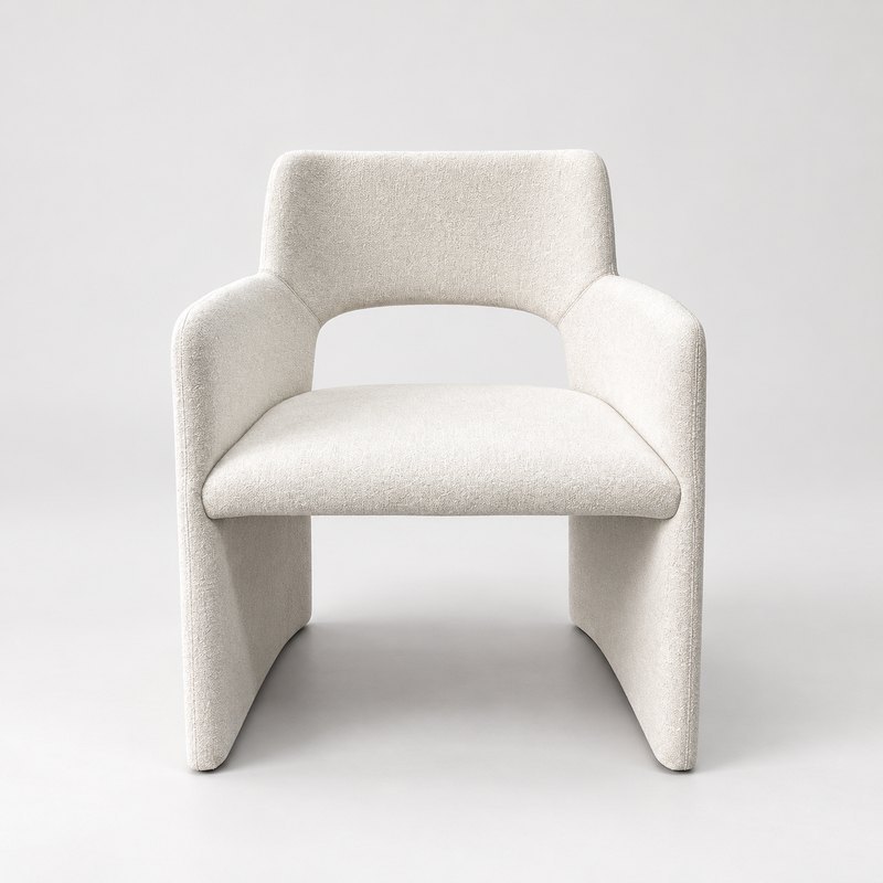 Front view of custom upholstered hotel armchair with open back and floor-length panel base
