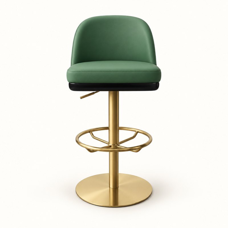 Front view of a deep green upholstered hotel bar stool with a gold round pedestal base