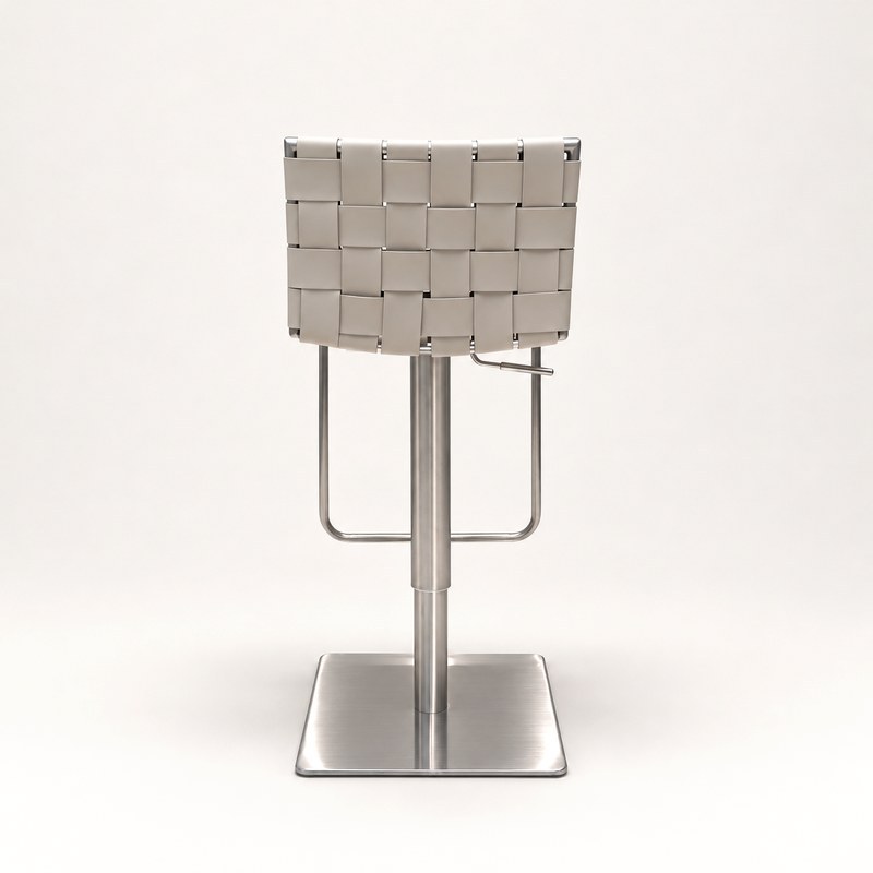 Back view showing the woven rectangular backrest and metal pedestal structure