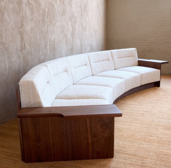 Custom Curved Hotel Suite Sofa with Sculptural Wood Arms | OEM/ODM Manufacturer