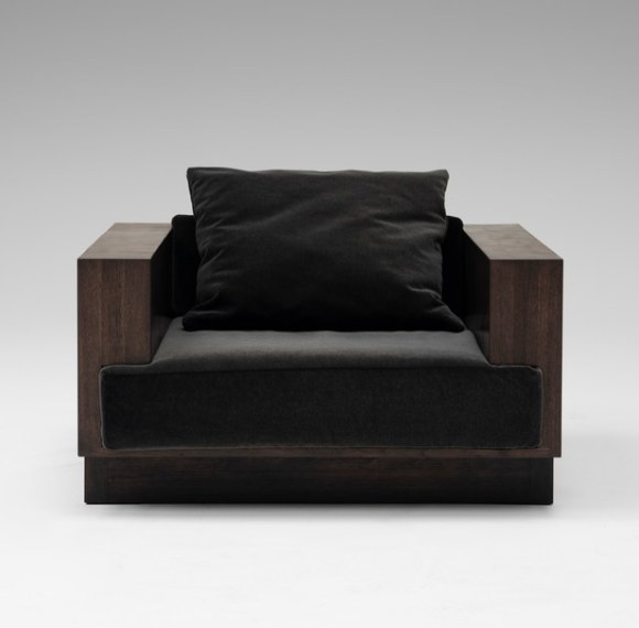 Custom Brutalist Walnut Hotel Lounge Chair with Black Velvet Upholstery