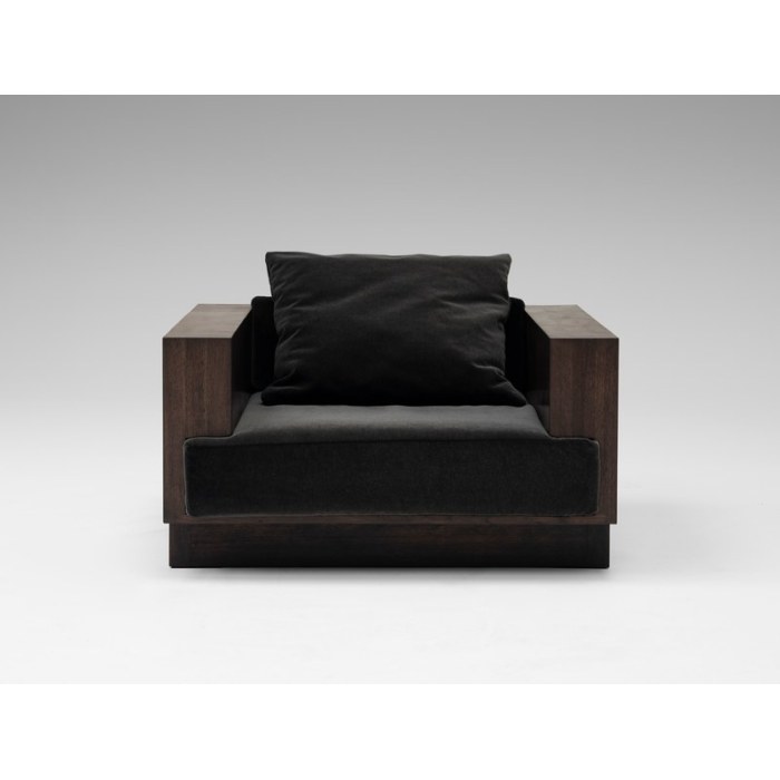 Custom Brutalist Walnut Hotel Lounge Chair with Black Velvet Upholstery
