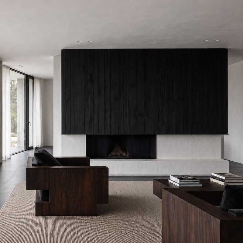 Walnut-framed black velvet lounge armchair beside a black fireplace in a minimalist architectural interior