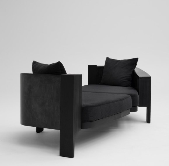 Custom Asymmetrical Black Upholstered Hotel Lounge Sofa with Marble Base