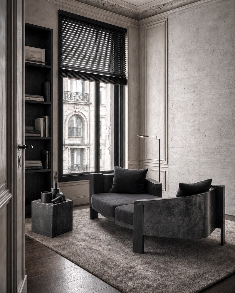 Asymmetrical black hotel lounge sofa in an elegant suite-style interior with tall windows and stone walls