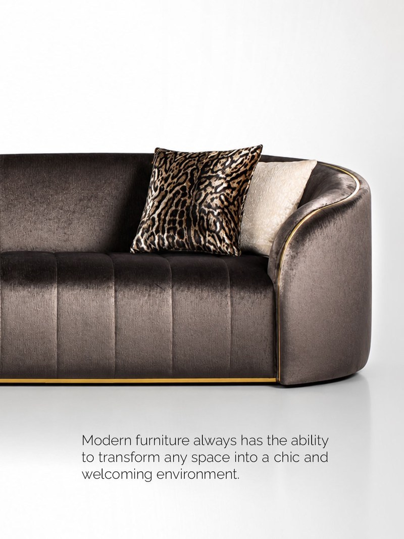 Right three-quarter view of a custom hotel suite sofa with curved arms and channel upholstery
