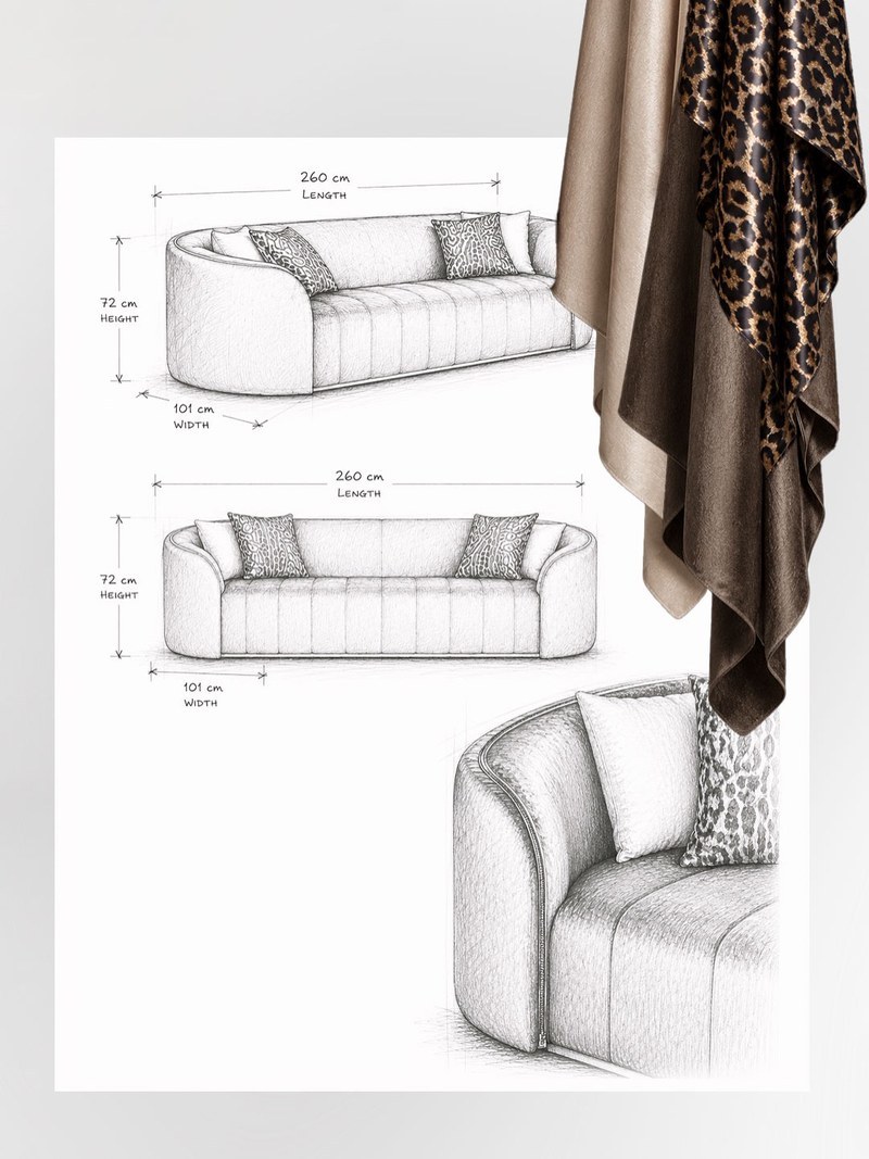 Reference drawing of the hotel suite sofa showing 2600 mm length, 1010 mm depth and 720 mm height