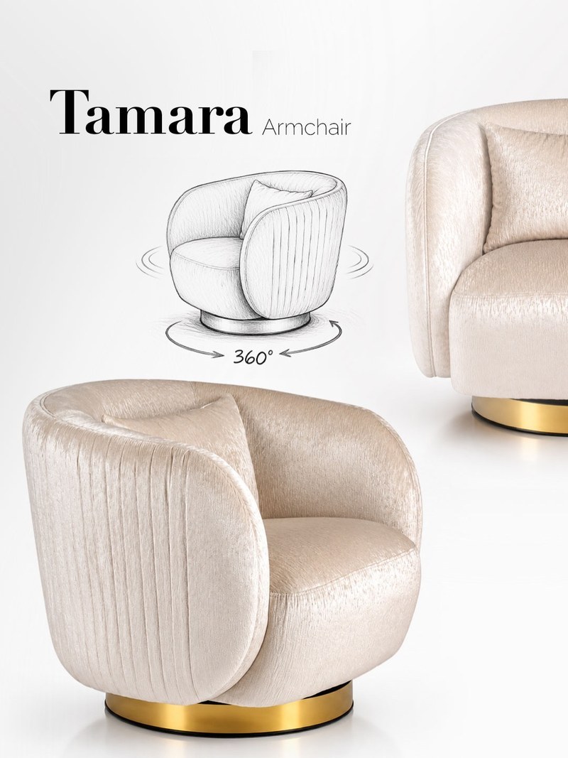 Ivory curved swivel hotel lounge chair with vertical upholstery and a gold-tone pedestal