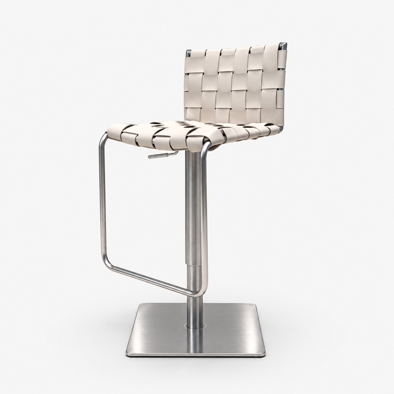 Beige woven strap hotel bar stool with a metal pedestal base and loop footrest