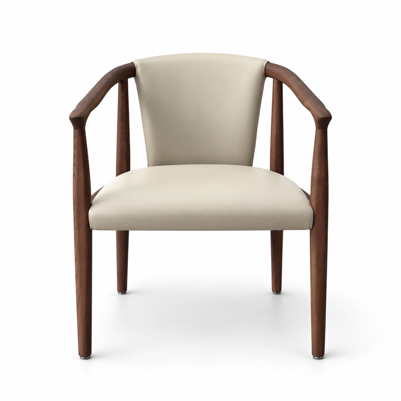 Front view of custom upholstered hotel armchair with sculpted wood arms