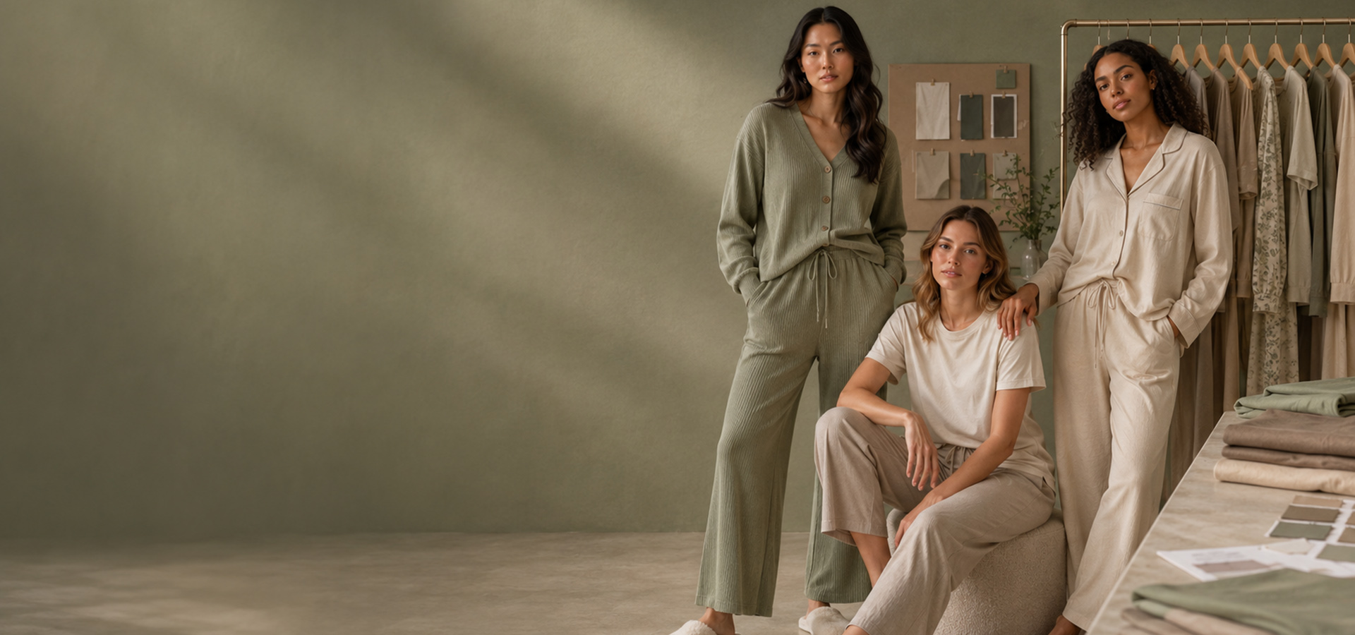 Three models wearing custom women's loungewear in an apparel development studio.