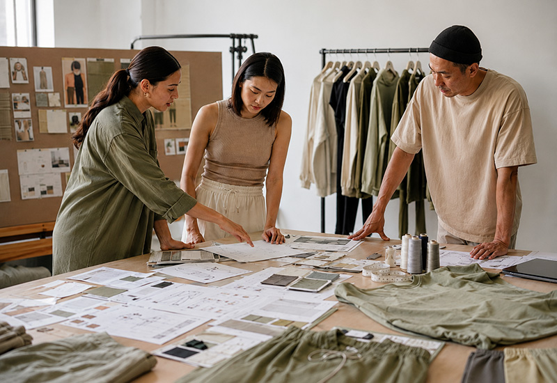 Apparel team reviewing tech packs, fabric swatches, trims and garment samples during product development.
