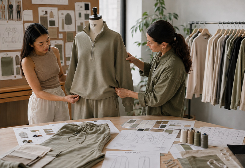 Staff reviewing a full garment sample with tech packs, fabric swatches and color cards during fit and construction inspection.