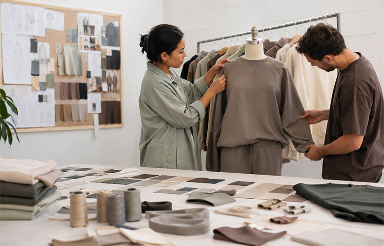 Staff reviewing a sweatshirt sample in the sample room with fabric swatches, trims and development materials.