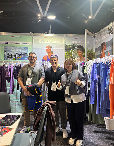 MinCharm representatives with apparel buyers at MAGIC Las Vegas 2024