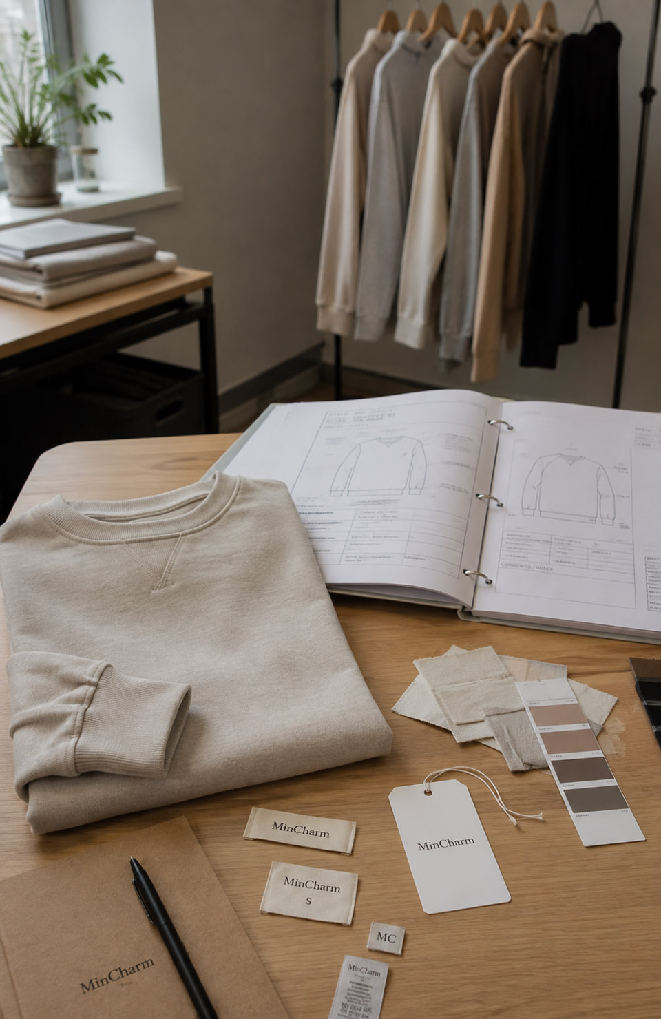 MinCharm apparel development workspace with sweatshirt sample, tech pack, fabric swatches and custom labels
