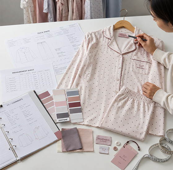 Tech pack, garment sample, measurement sheet and fabric swatches reviewed before sampling