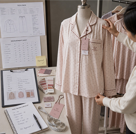 Approved garment sample reviewed with product specifications before bulk production