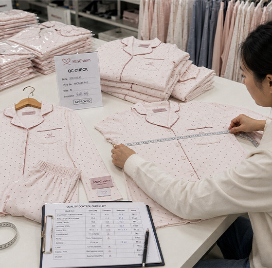 Worker checking garment measurements against confirmed production requirements